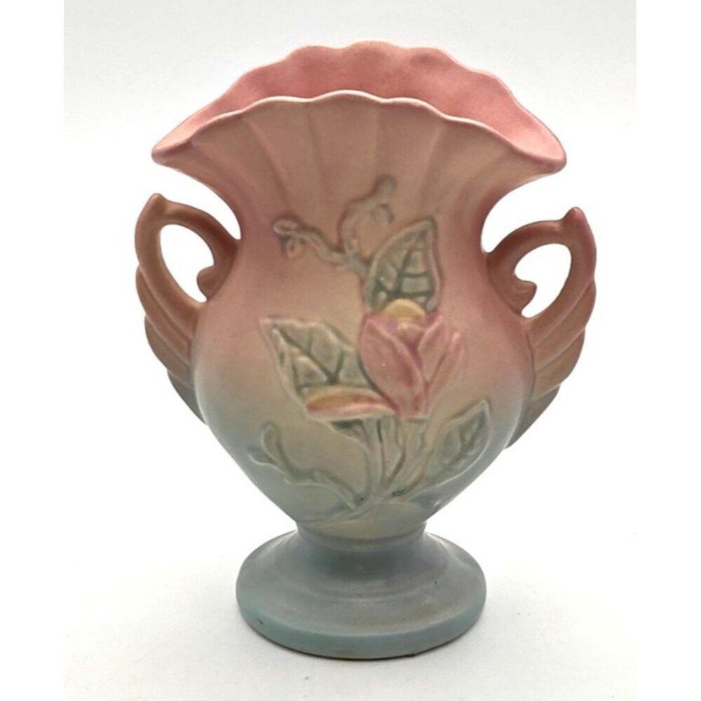 Vintage Hull Pottery 1946 Magnolia Art USA 12, 6 1/2" Pink Blue Fan Top Vase